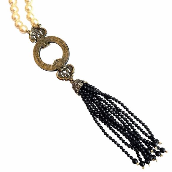 Heidi Daus 5 Strand Faux Pearl Art Deco Crystal Statement  Heidi Daus statement necklace with faux pearl strand, crystal Art Deco centerpie